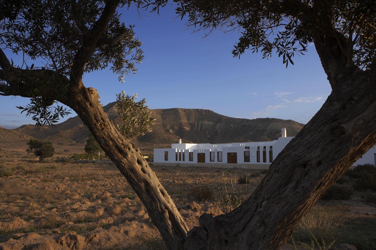 Hotel exterior at golden hour, Cabo de Gata
